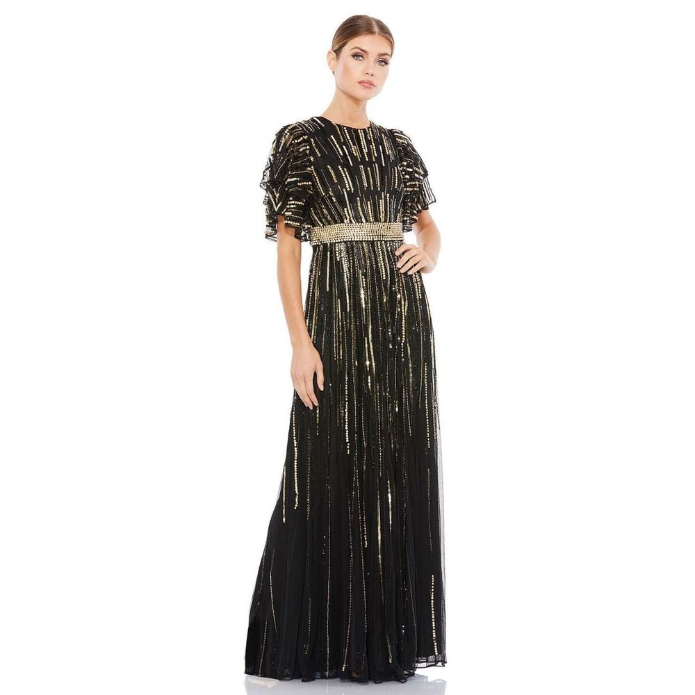 MAC DUGGAL EMBELLISHED FULL LENGTH LAYERED SLEEVE GOWN